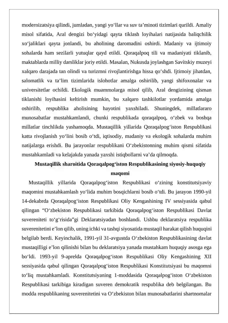Qoraqalpog’iston Respublikasining Mustaqillik Yillarida Rivojlanishi 3