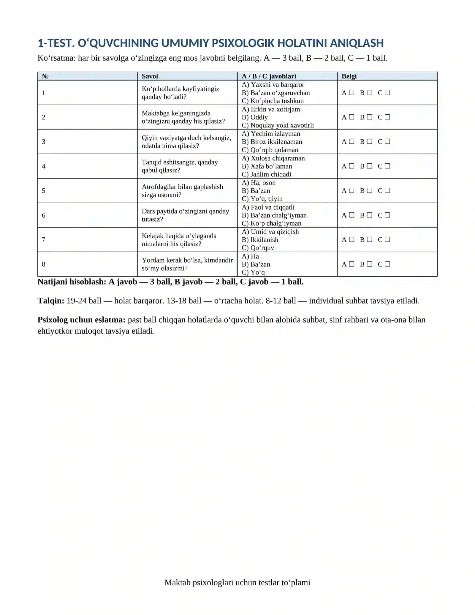 MAKTAB PSIXOLOGLARI UCHUN TESTLAR TO‘PLAMI 3