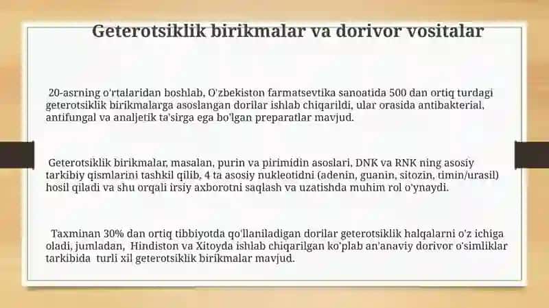 Geterotsiklik birikmalar va dorivor vositalar 3
