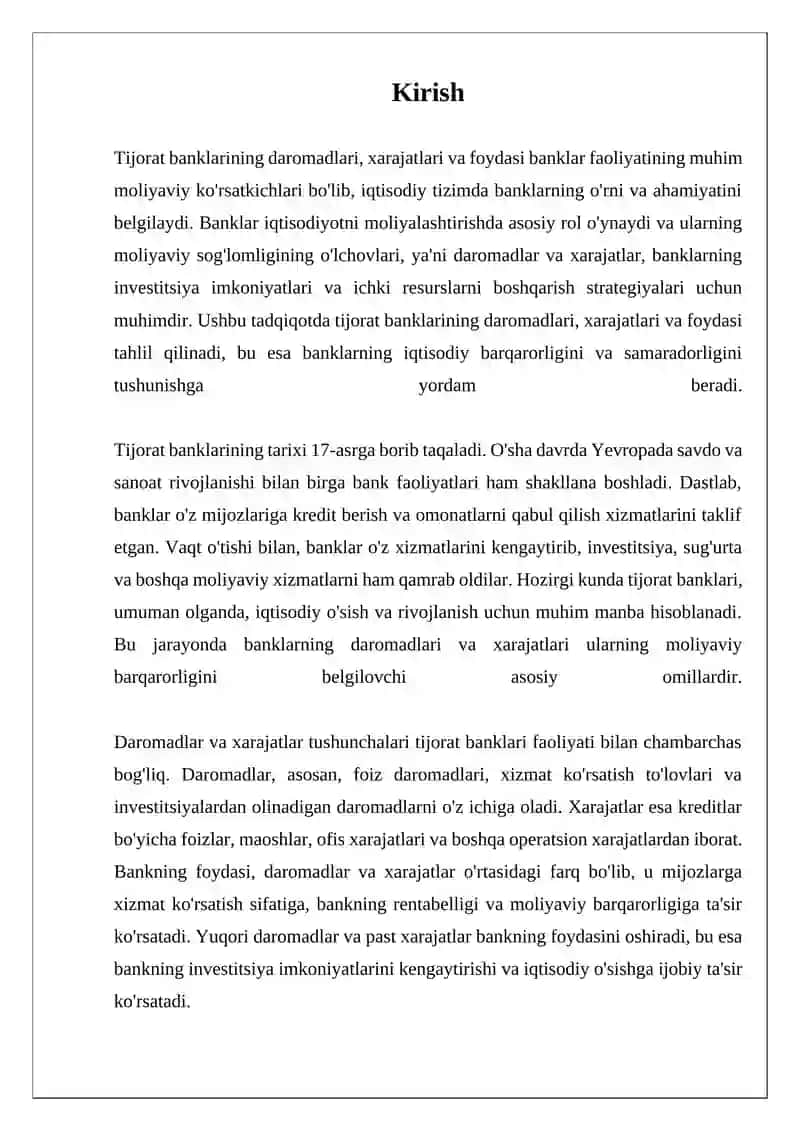 Tijorat Banklarining Daromadlari Xarajatlari va Foydasi 3