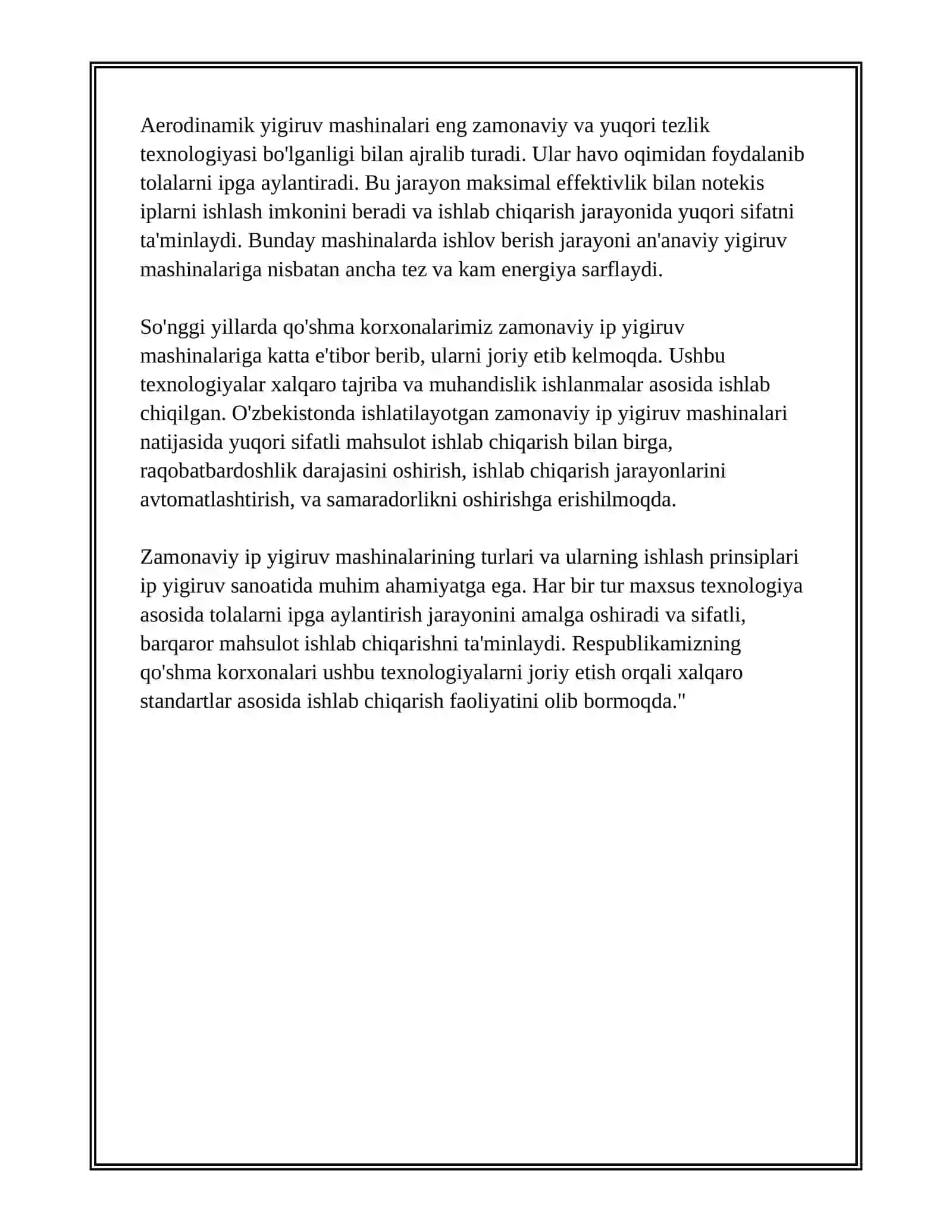 RESPUBLIKAMIZ QO'SHMA KORXONALARIDA O'RNATILGAN ZAMONAVIY IP YIGIRUV MASHINALARI TO'G'RISIDA ASOSIY MA'LUMOTLAR 3