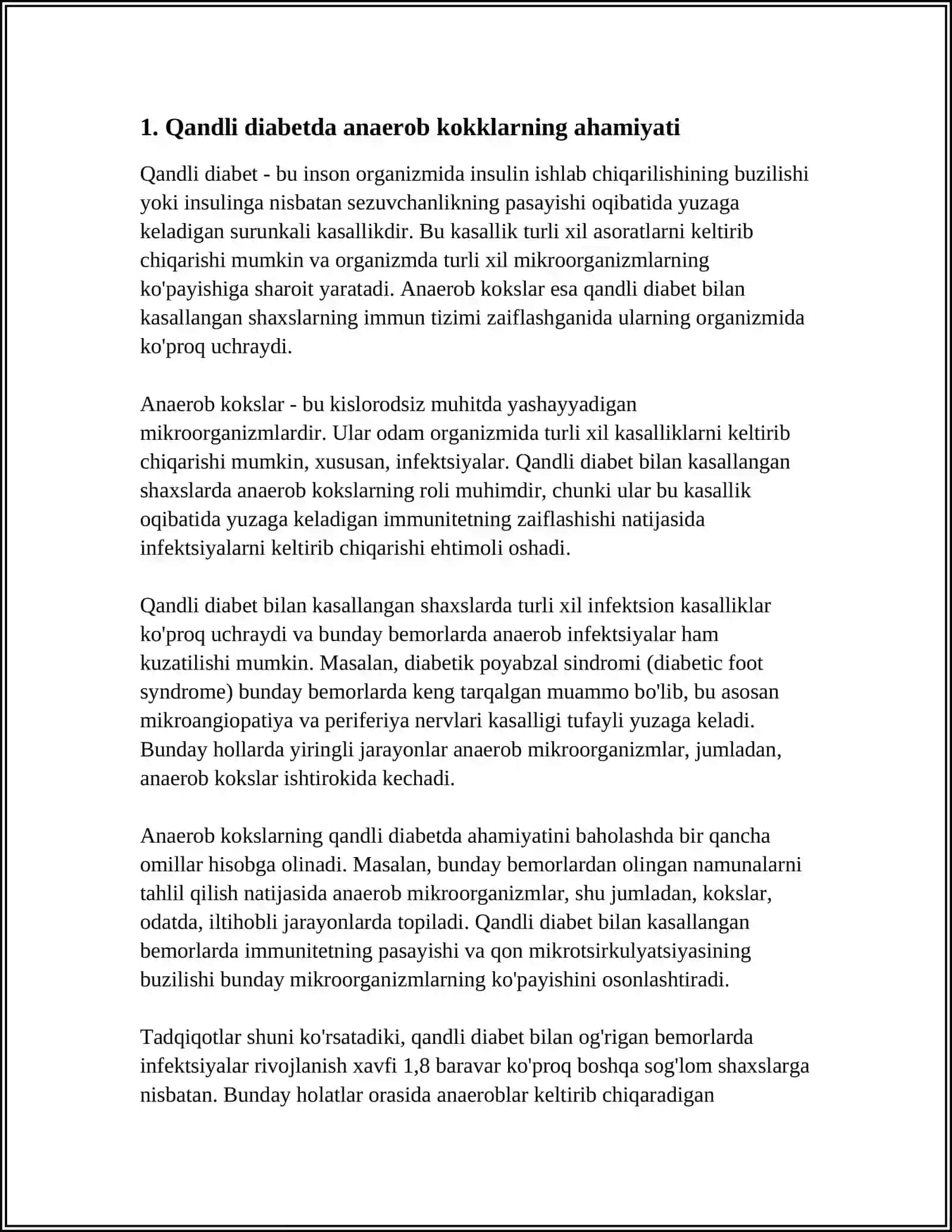 SHARTLI PATOGEN ANAEROB KOKLARI XIRURGIK XA GINEKOLOGIK KASALLIKLARDAGI AHAMIYATI QANDLI DIABETDA UCHRAYDIGAN INYEKSIYALAR, PATOGENEZ VA LABARATORIYA TASHHOSI 3