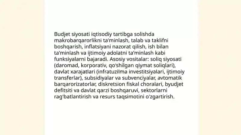 IQTISODIYOTNING DAVLAT TOMONIDAN TARTIBGA SOLISHNING BUYDJET SOLIQ SIYOSATI VOSITALARI 3