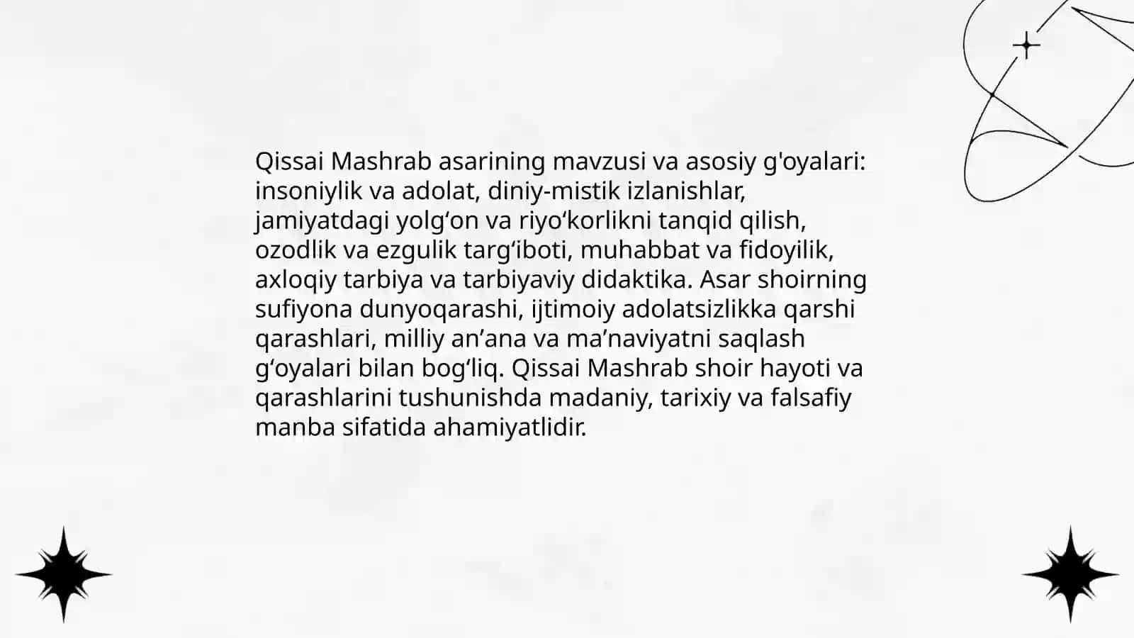 Qissai Mashrab asarining mavzusi va asosiy g'oyalari 3