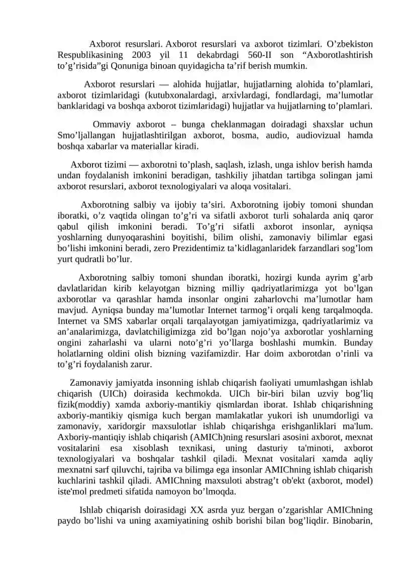 AXBOROT VA UNING TURLARI. TURLI SOHALARDA QO’LLANILISHI 3