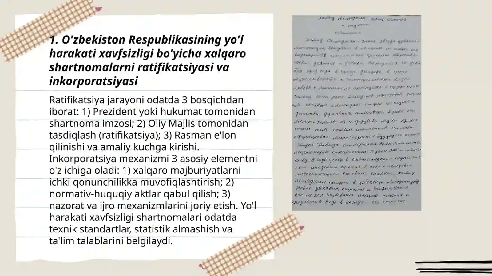 O'zbekiston Respublikasining xalqaro shartnomalardagi o'rni yo'l harakati xavfsizligi fanidan 3