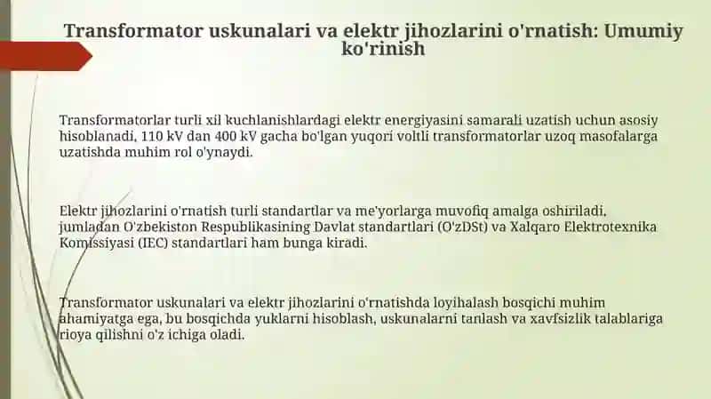 Transformator va elektr jihozlarini o'rnatish 3
