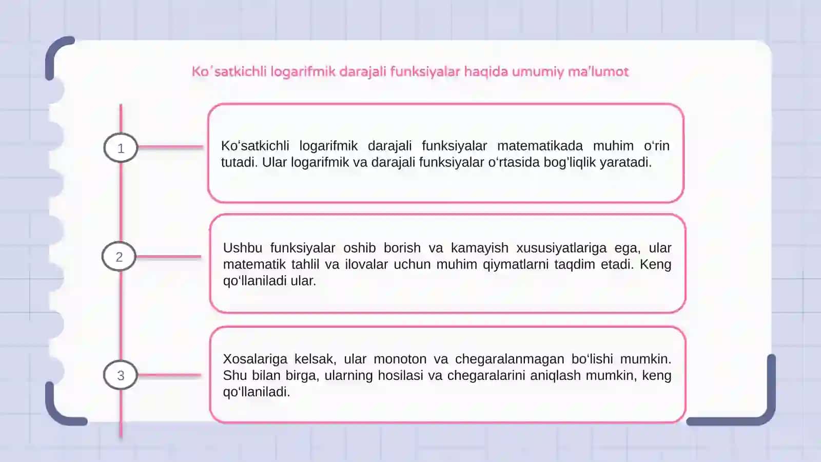 Koʻsatkichli logarifmik darajali funksiyalar va ularning xosalari 3
