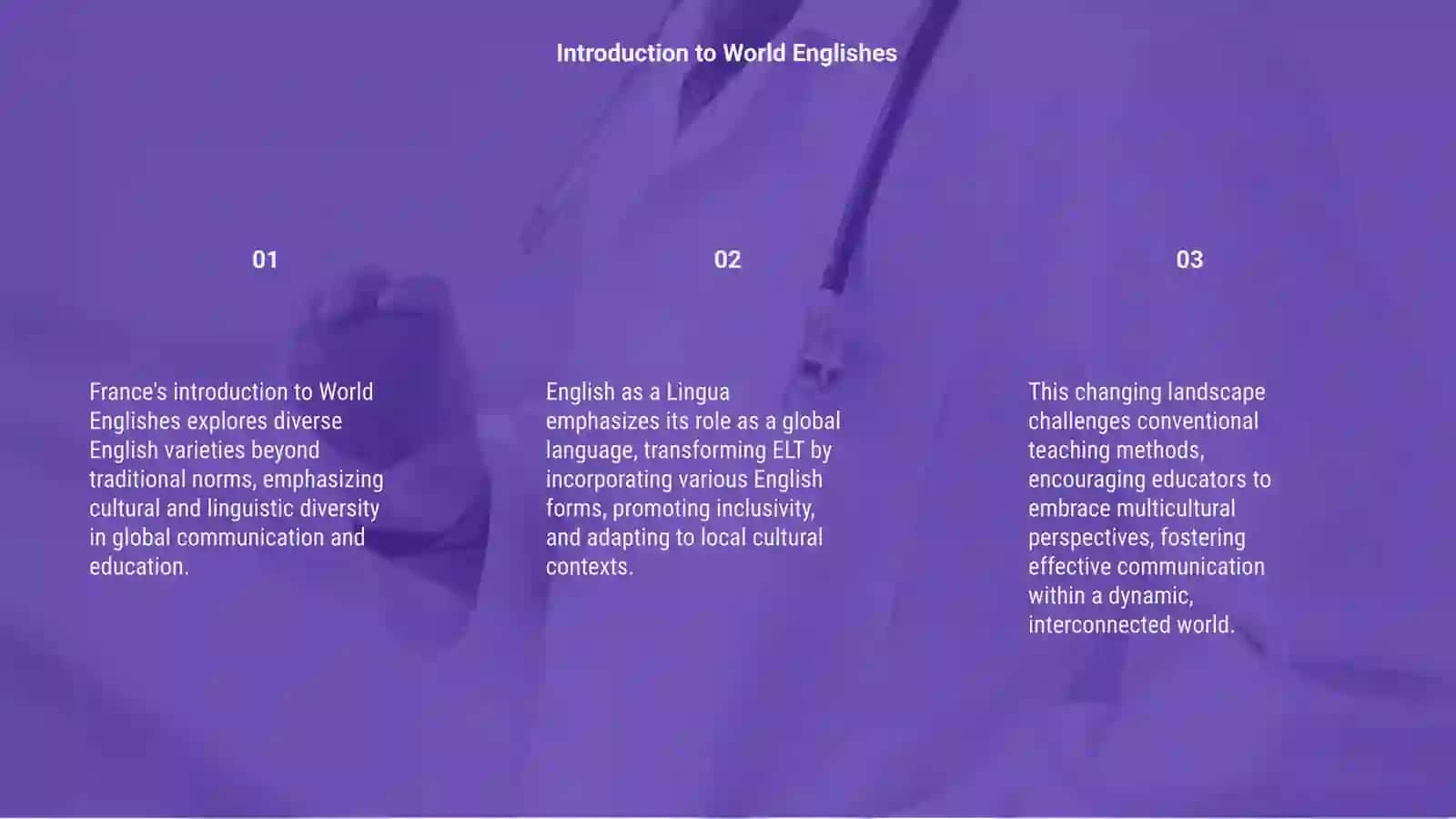 World Englishes and English as Lingua: a changing context for ELT 3