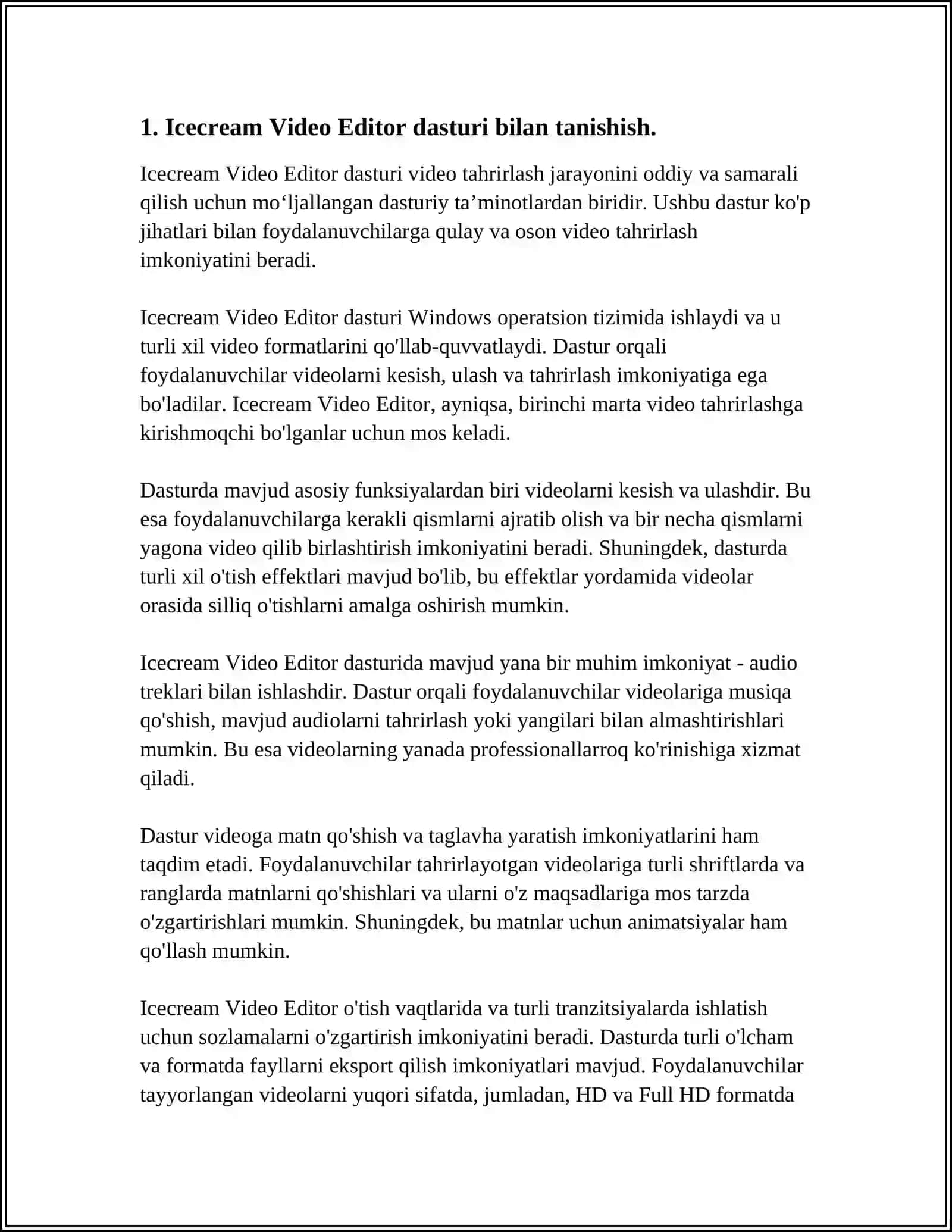 VIDEO KÒRINISHDAGI MA'LUMOTLARNI QAYTA ISHLASH DASTURLARI:ICECREAM VIDEO EDITOR DASTURIDA VIDEO MONTAJ ISHLARINI BAJARISH 3