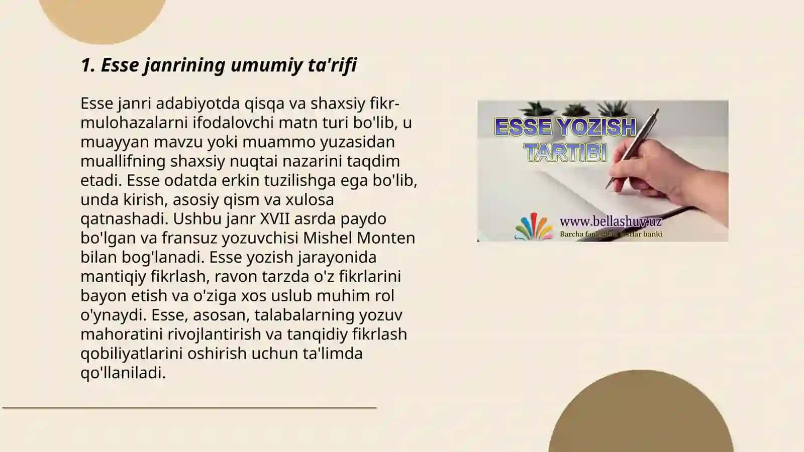 Esse janrining talablari va ta'rifiga ko‘ra matn va taqdimot tayyorlash 3