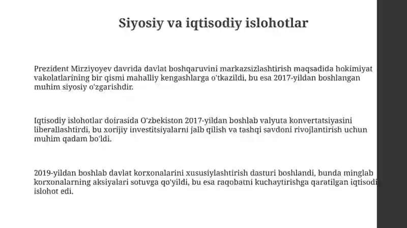 Oʻzbekistonda Shavkat Mirziyoyev boshchiligidagi islohotlar 3