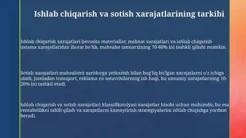 Mahsulot ishlab chiqarish va sotish xarajatlari 3