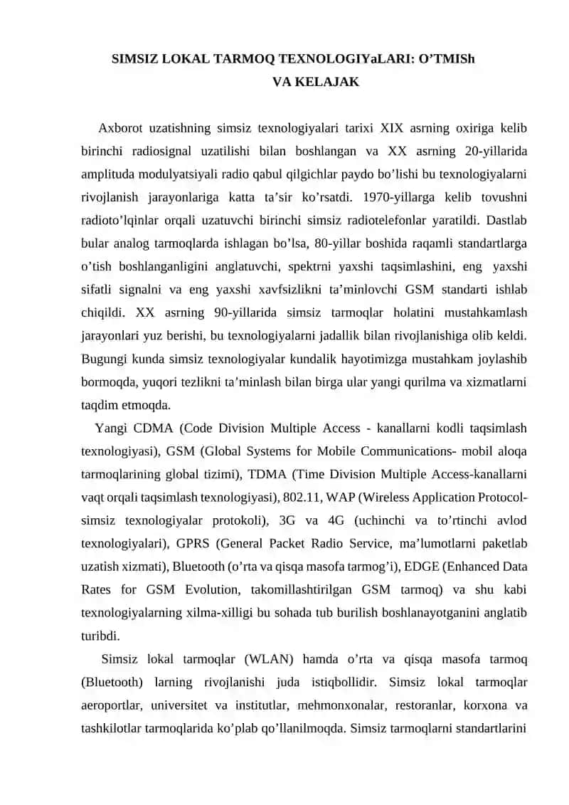 Simsiz texnologiyalar.Simsiz kompyuter tarmoqlari 3