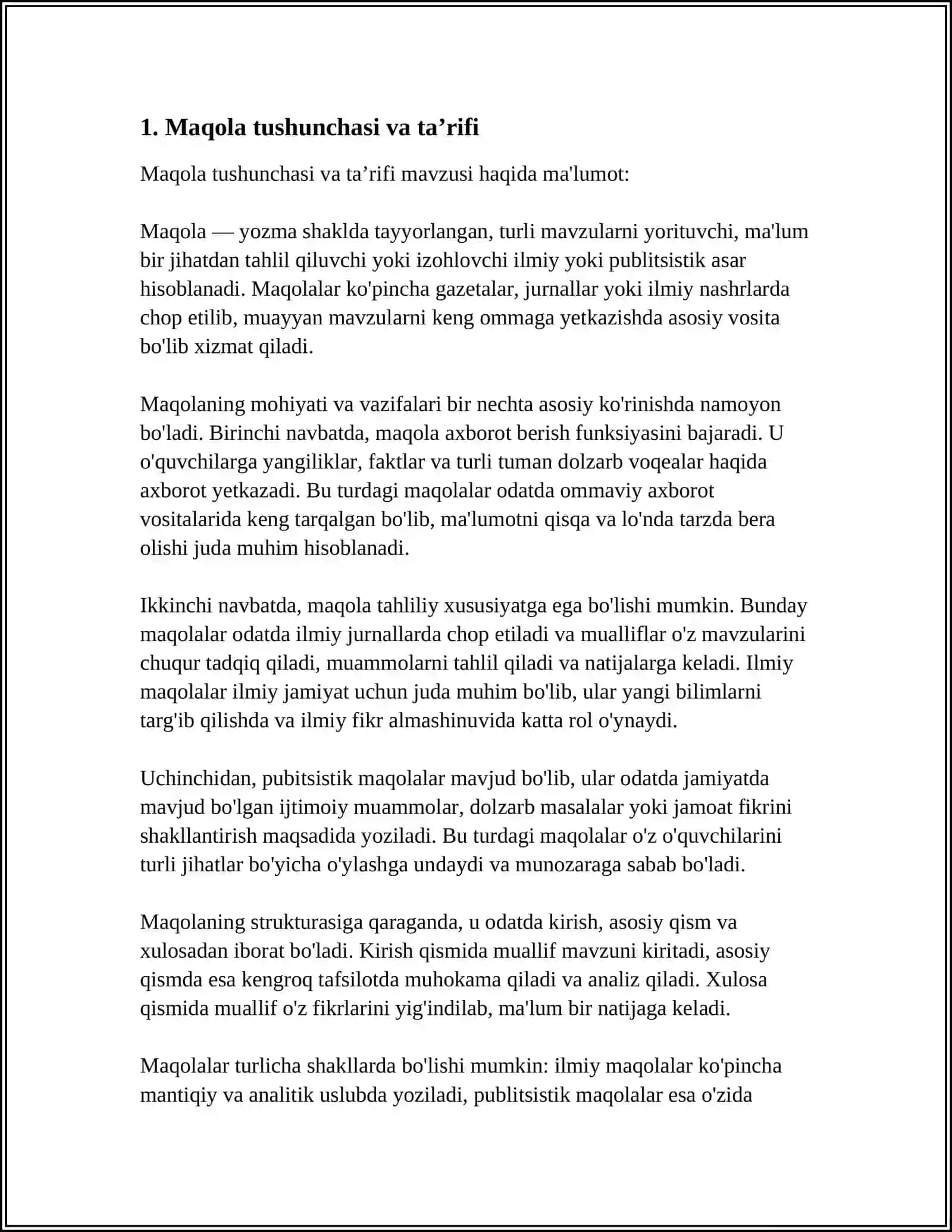 MAQOLA VA UNING TURLARI HAQIDA MA'LUMOT BERING 3