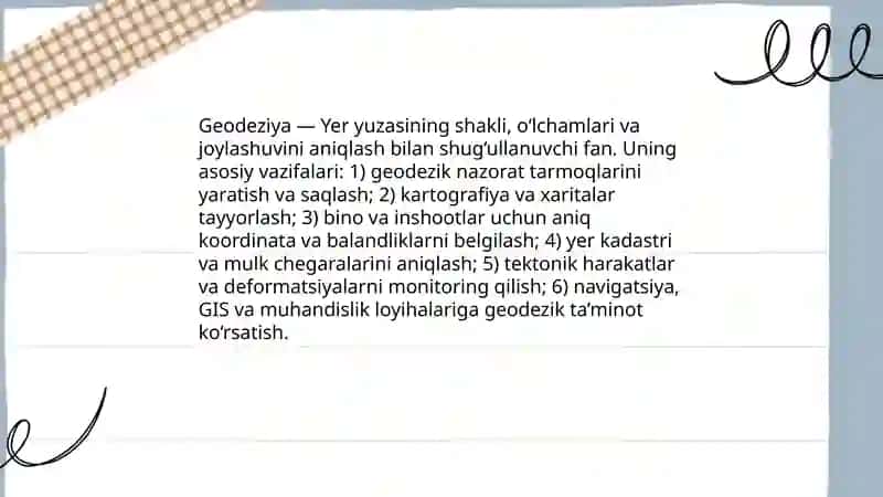 Geodeziya fanining asosiy vazifalari va qollanilishi 3