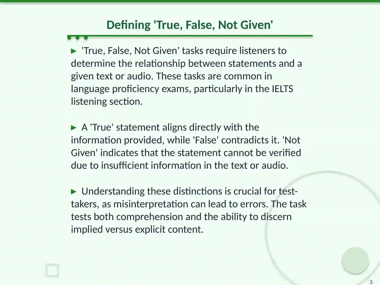 True, False, Not Given Tasks for IELTS Listening 3