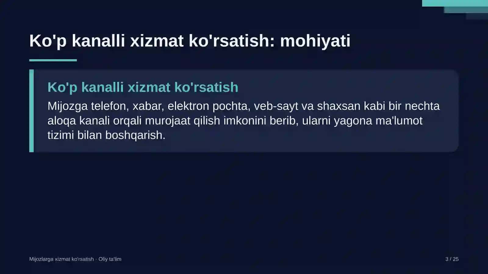 Mijozlarga xizmat ko'rsatish · Oliy ta'lim 3