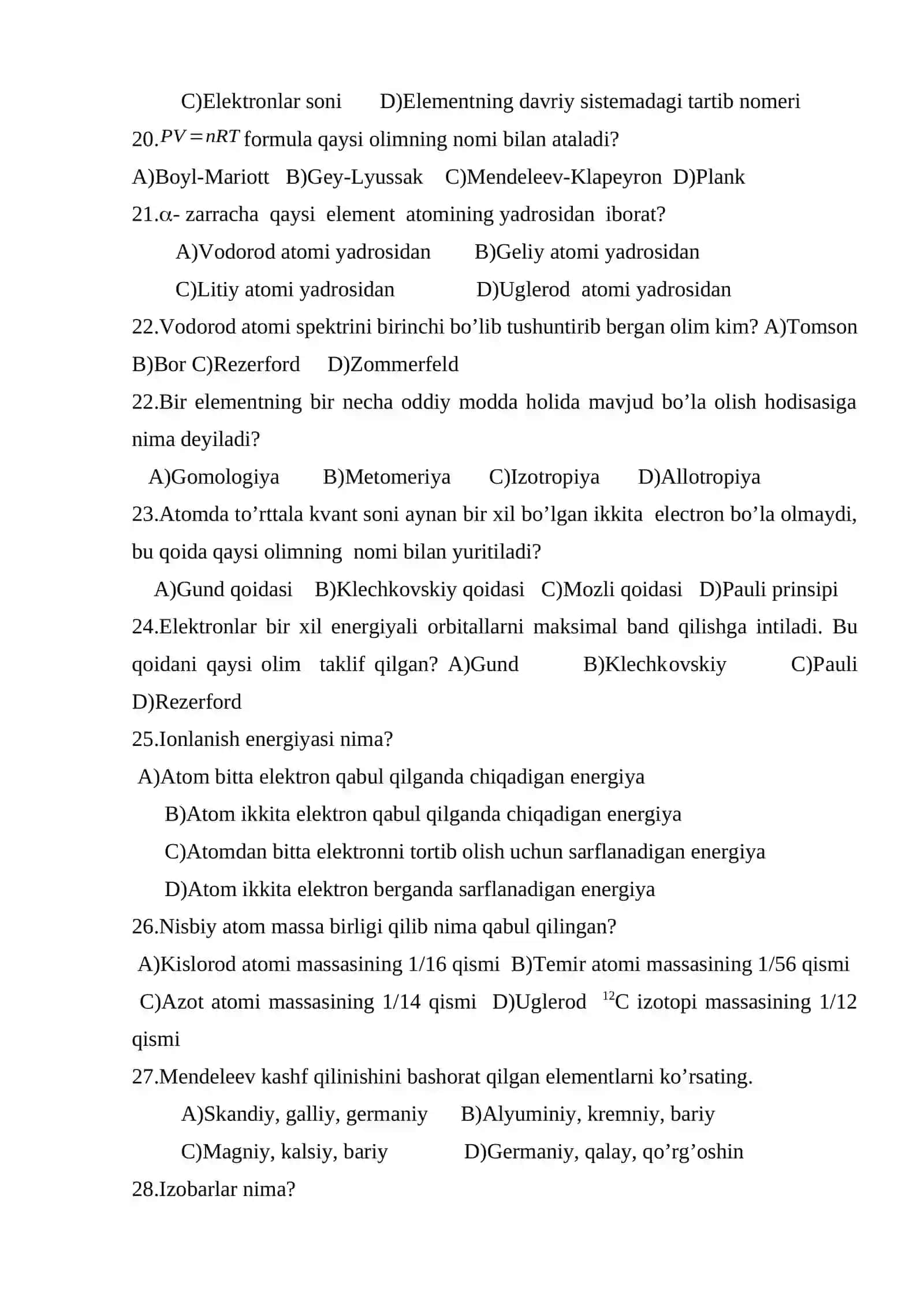 Umumiy va noorganik kimyo fаnidаn test sаvоllаri 3