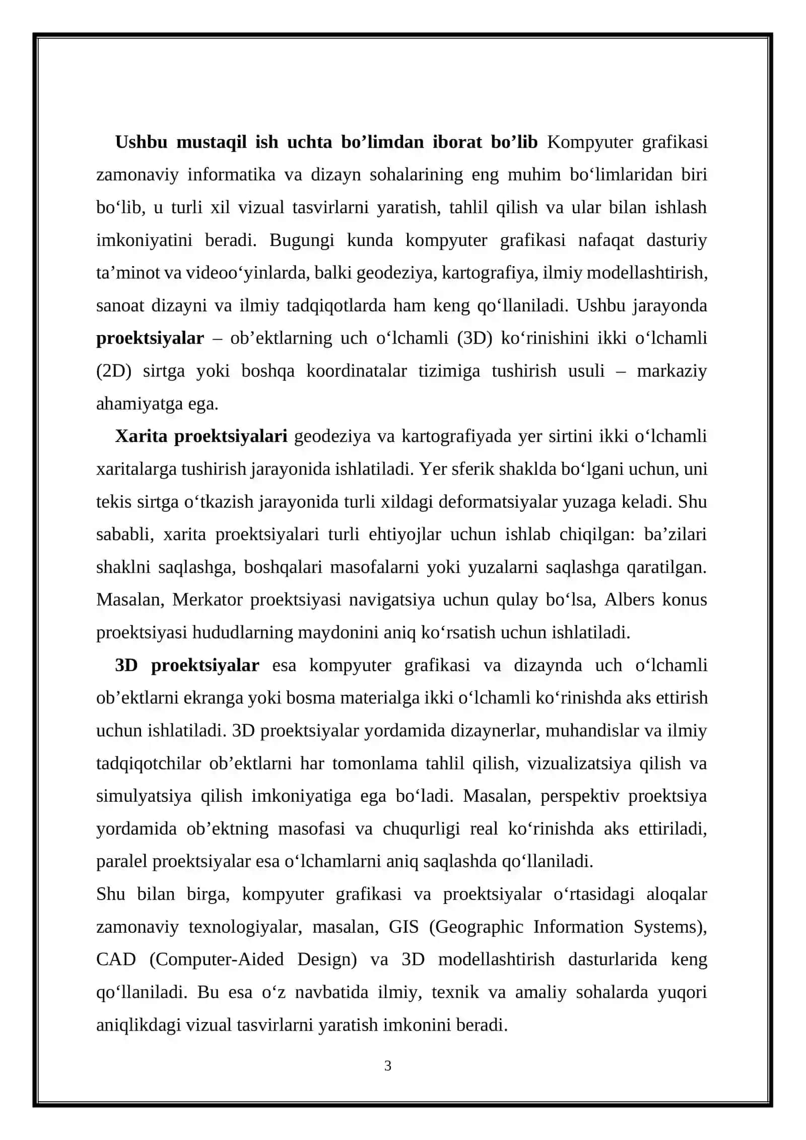 Kompyuter grafikasi xarita proektsiyalari va 3D proektsiyalari 3