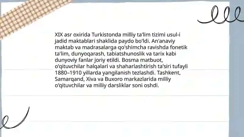 XIX asrning ikkinchi yarmi XX asrning birinchi choragida Turkiston o'lkasida tarbiya maktab va pedagogik fikrlar 3