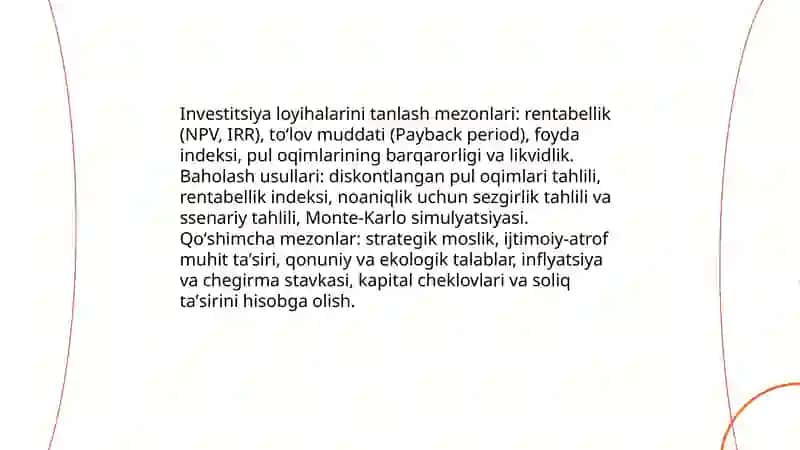 Investitsiya loyihalari va biznesning tarkibi boʻyicha qarorlarni qabul qilish 3