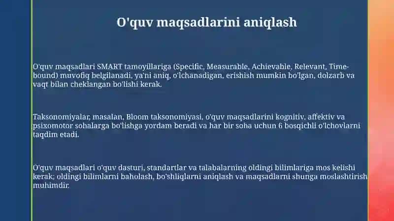 Ta'lim maqsadlarini belgilash va o'qitish metodikasi 3