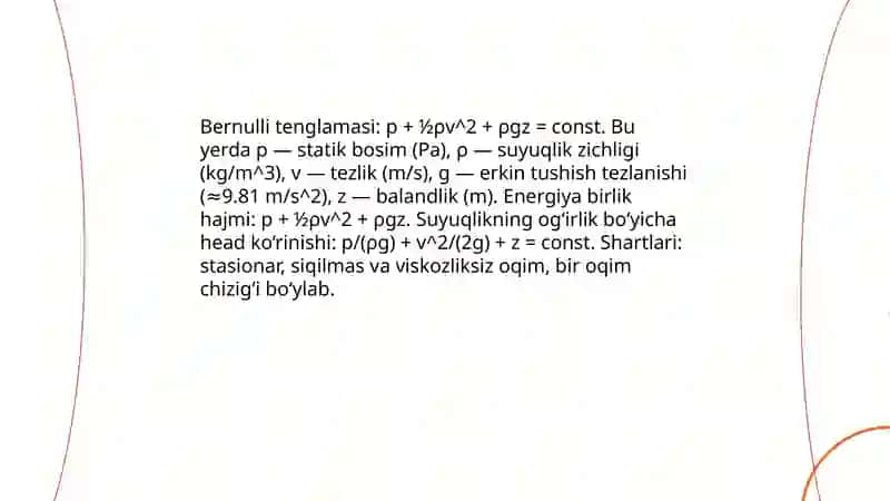 Elementar oqimcha uchun Bernulli tenglamasi 3