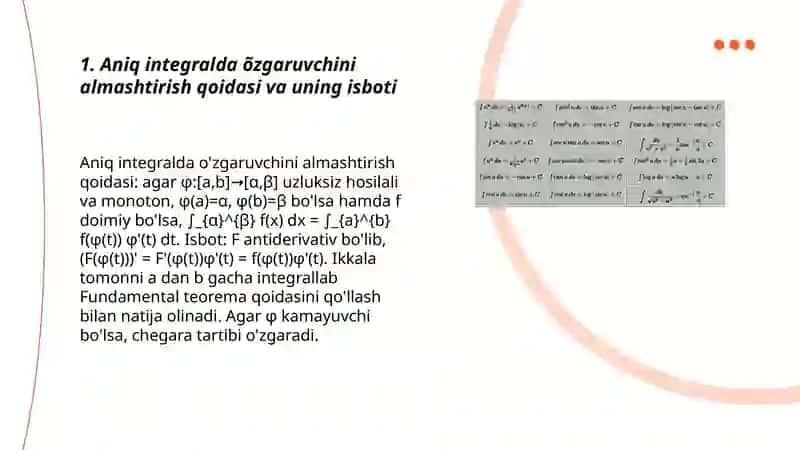 Aniq integralda õzgaruvchini almashtirib va bõlaklab integrallash 3