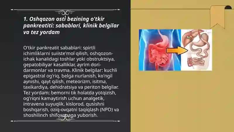 Oshqozon osti bezining yalligʻlanishi,Ingichka va yoʻğon ichak kasalliklari,gepatitlar,gigar tsirrozlari,sabablari, klinikasi, davolash va profilaktikasi 3