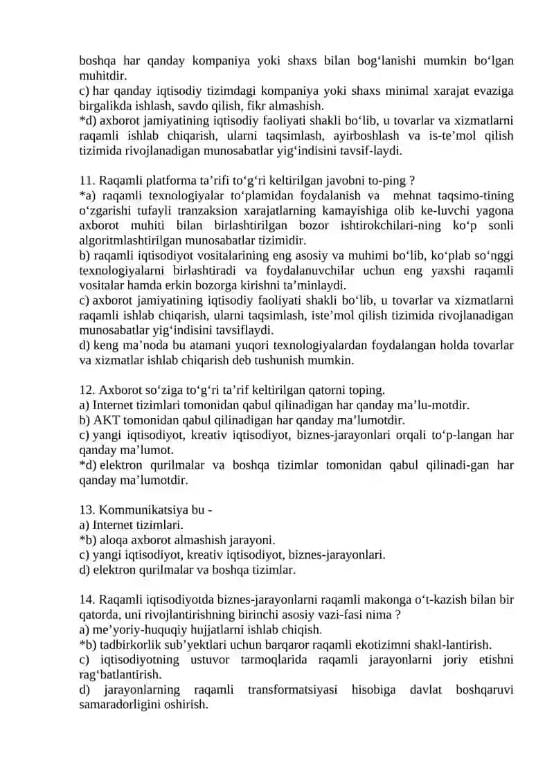 Raqamli Iqtisodiyot fanidan testlar 3