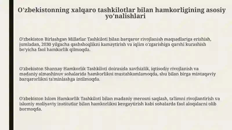 O'zbekistonning xalqaro tashkilotlar bilan hamkorlik aloqalari 3