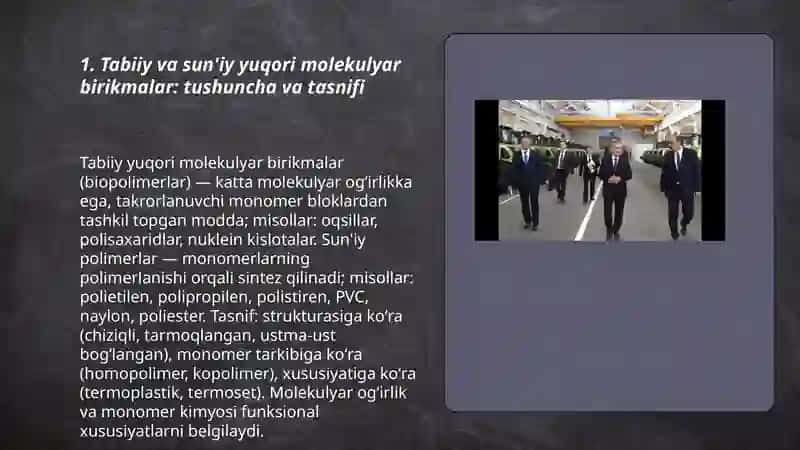 Tabiiy va sun'iy yuqori molekulyar birikmalarning xalq xoʻjaligidagi ahamiyati 3
