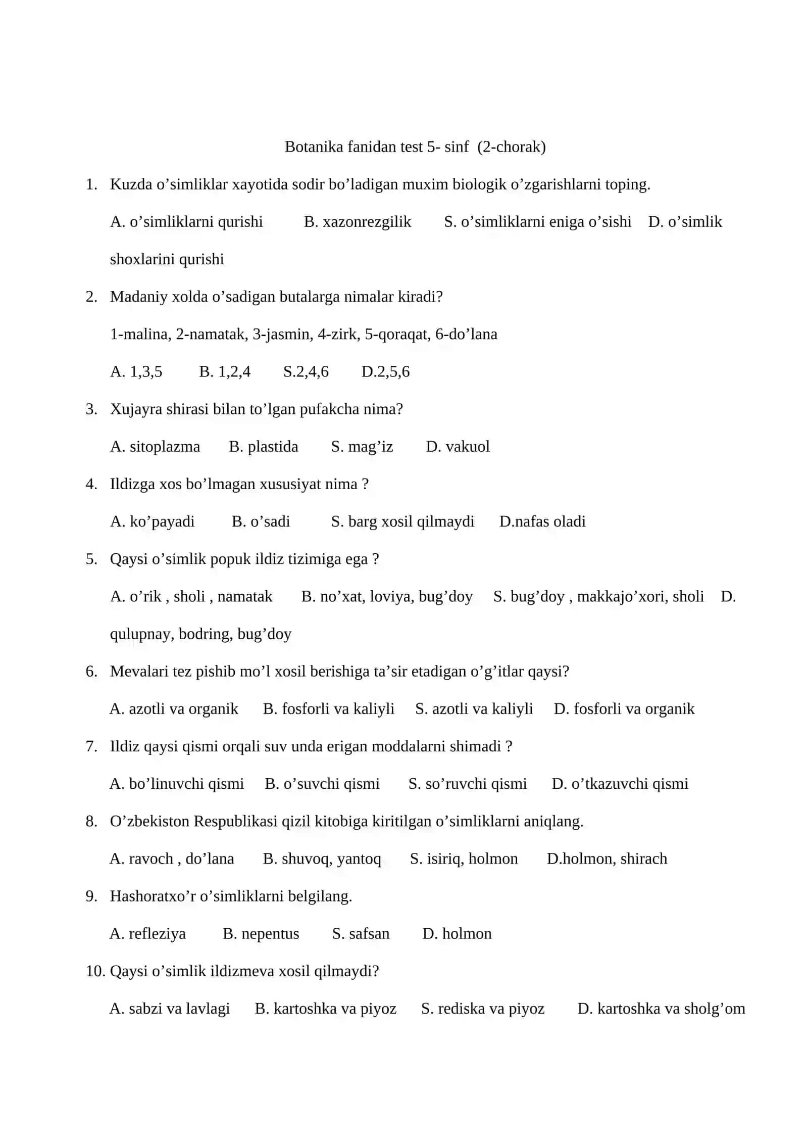 Biologiya fanidan 1-4 chorak testlar 3