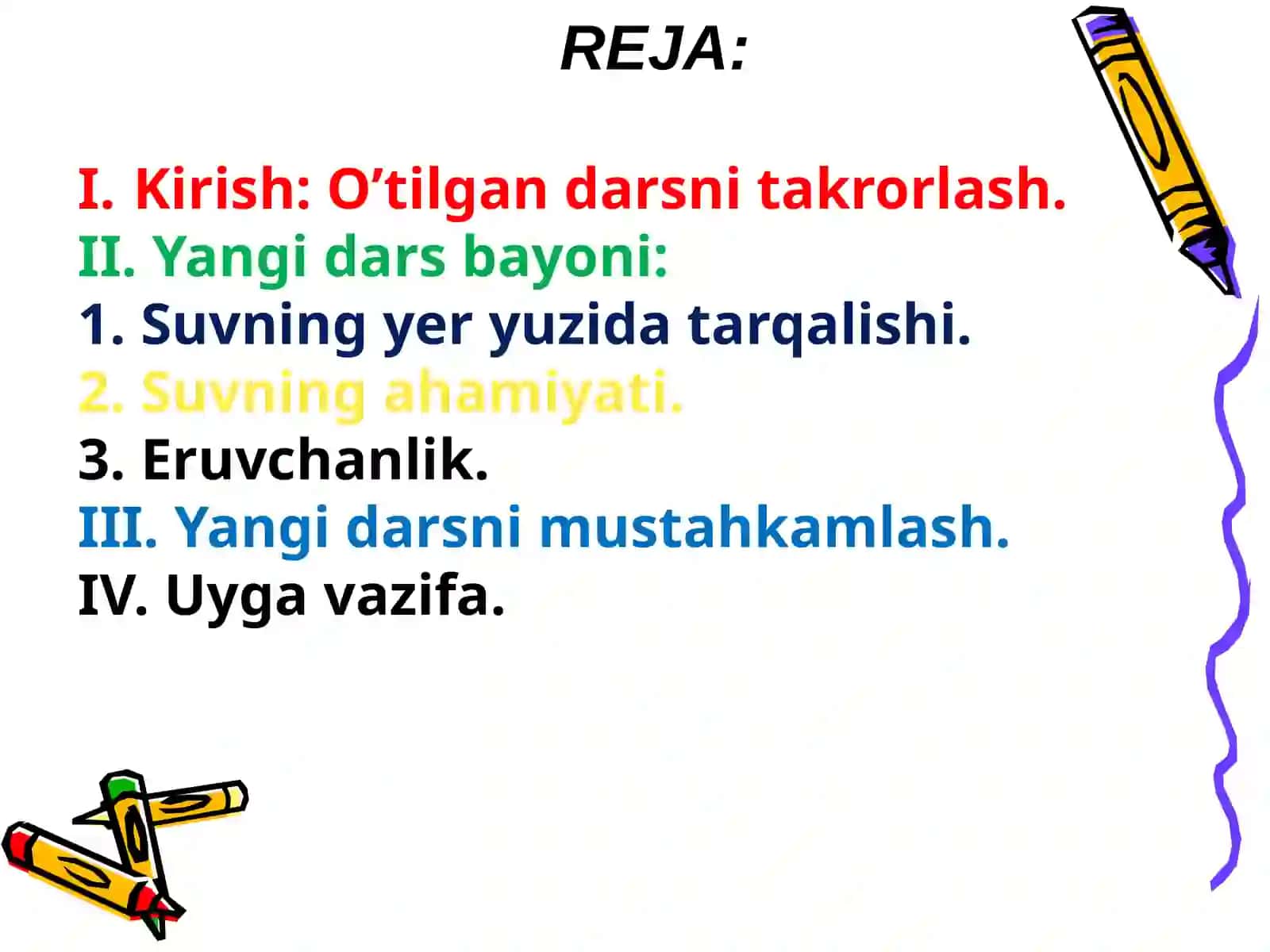 Suv-eng yaxshi erituvchi.Eruvchanlik 3