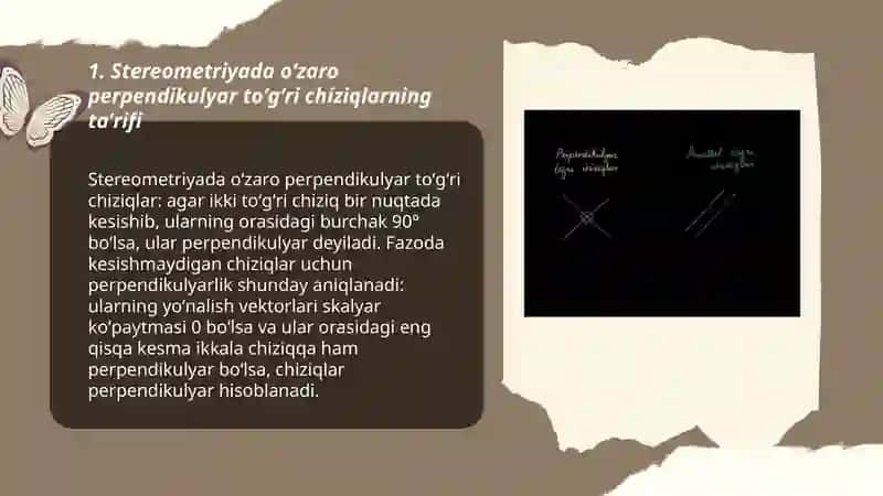 Stereometriyada oʻzaro perpendikulyar va parallel toʻgʻri chiziqlar 3