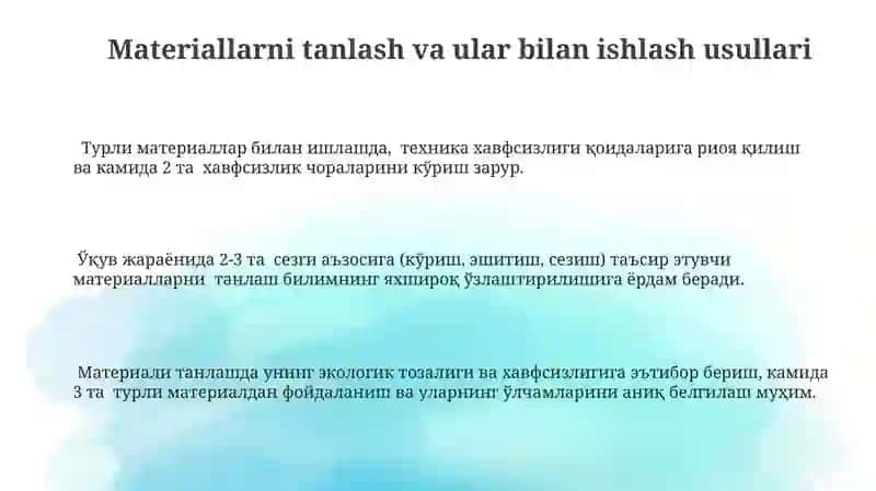 Turli materiallar bilan ishlash darslarining mazmuni 3