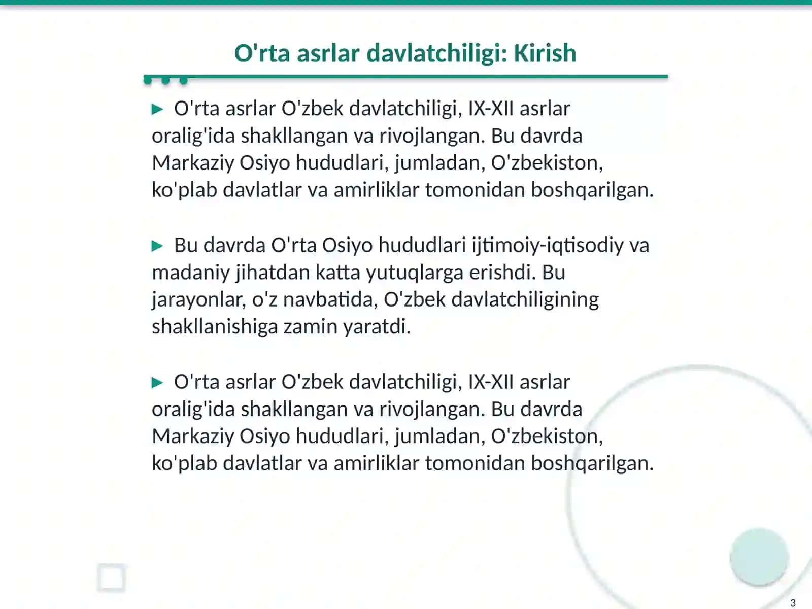 O'zbek davlatchiligi tarixi: O'rta asrlar davlatchiligi va ularning ijtimoiy-iqtisodiy rivojlanishi 3
