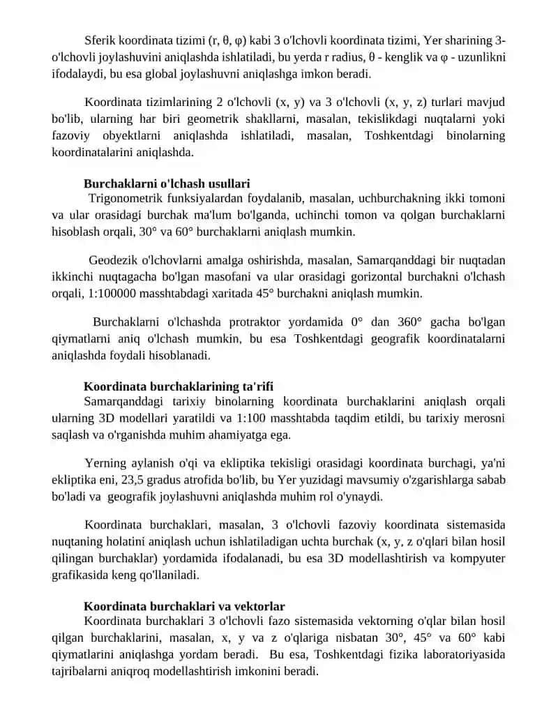 Sonlar nuri, kordinata burchagi mavzularini o'rganish xususiyatlari 3