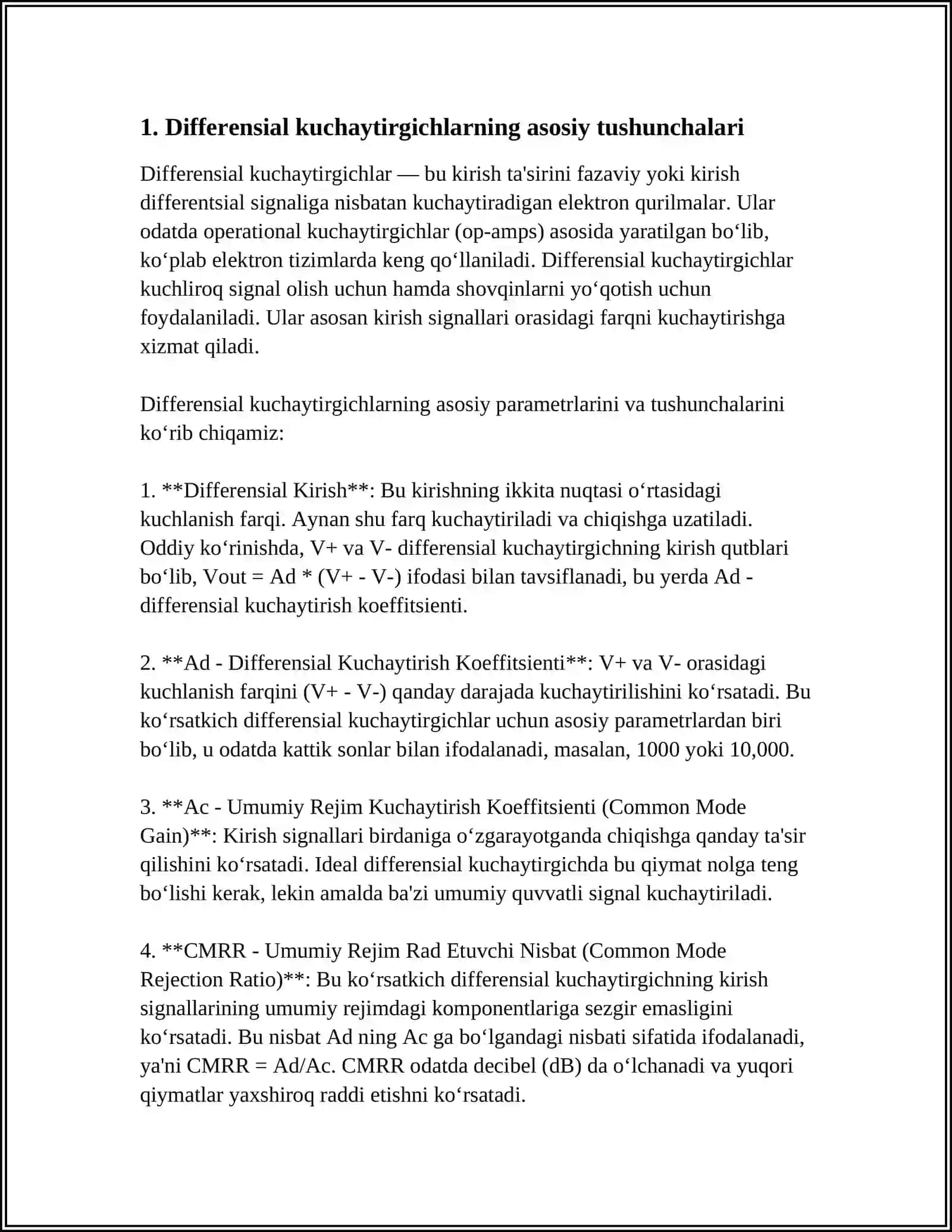 DIFFERENSIAL KUCHAYTIRGICHLAR. ELEKTRONIKA VA SXEMALARI 2 FANIDAN 3