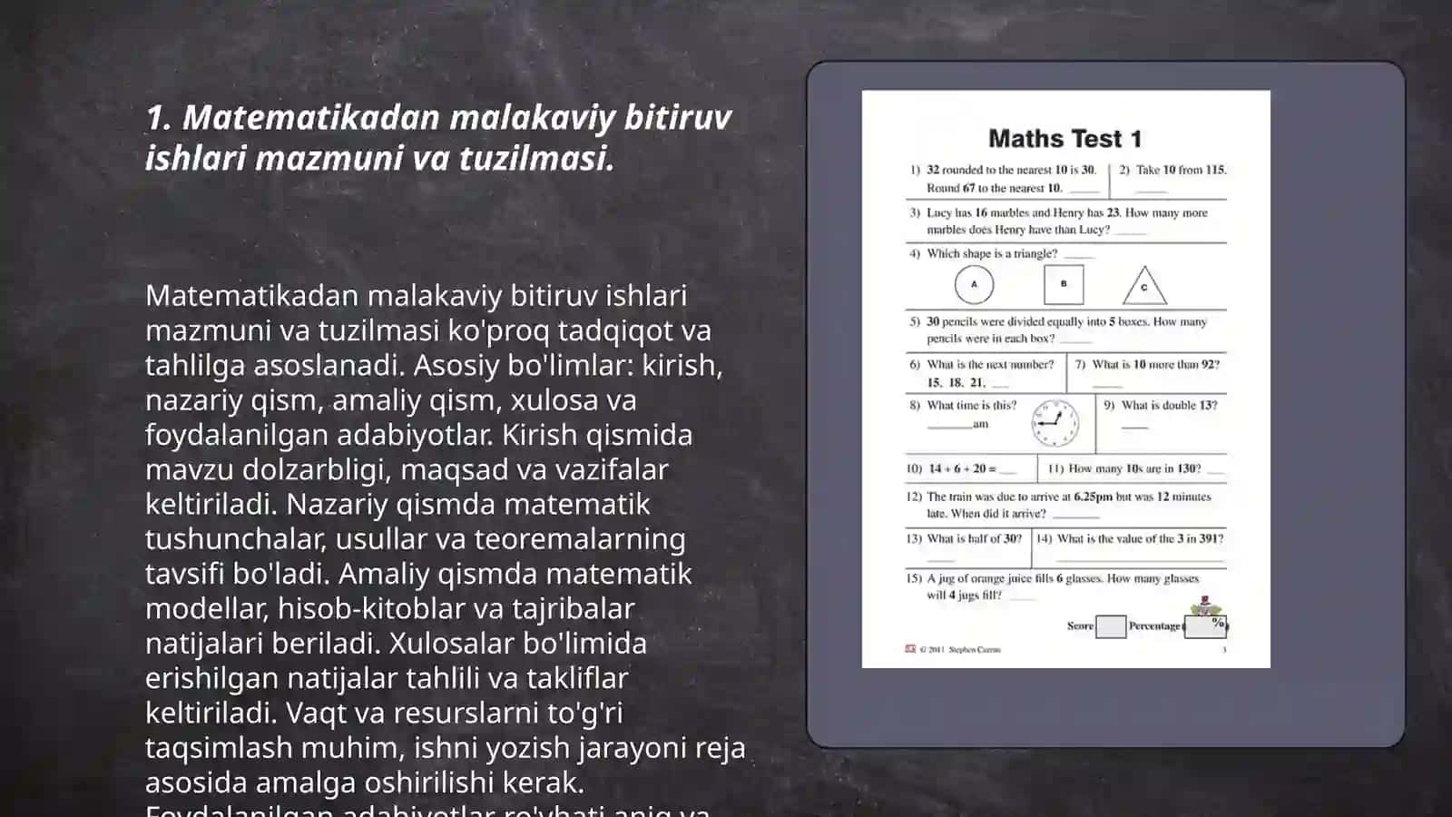 Matematikadan malakaviy bitiruv ishlari turlari, ularga qo‘yilgan talablar. Talabalarning kurs ishlari, malakaviy bitiruv ishlariga ilmiy rahbarlik. Talabalarning malakaviy bitiruv ishlariga qo‘yilgan davlat talablari 3
