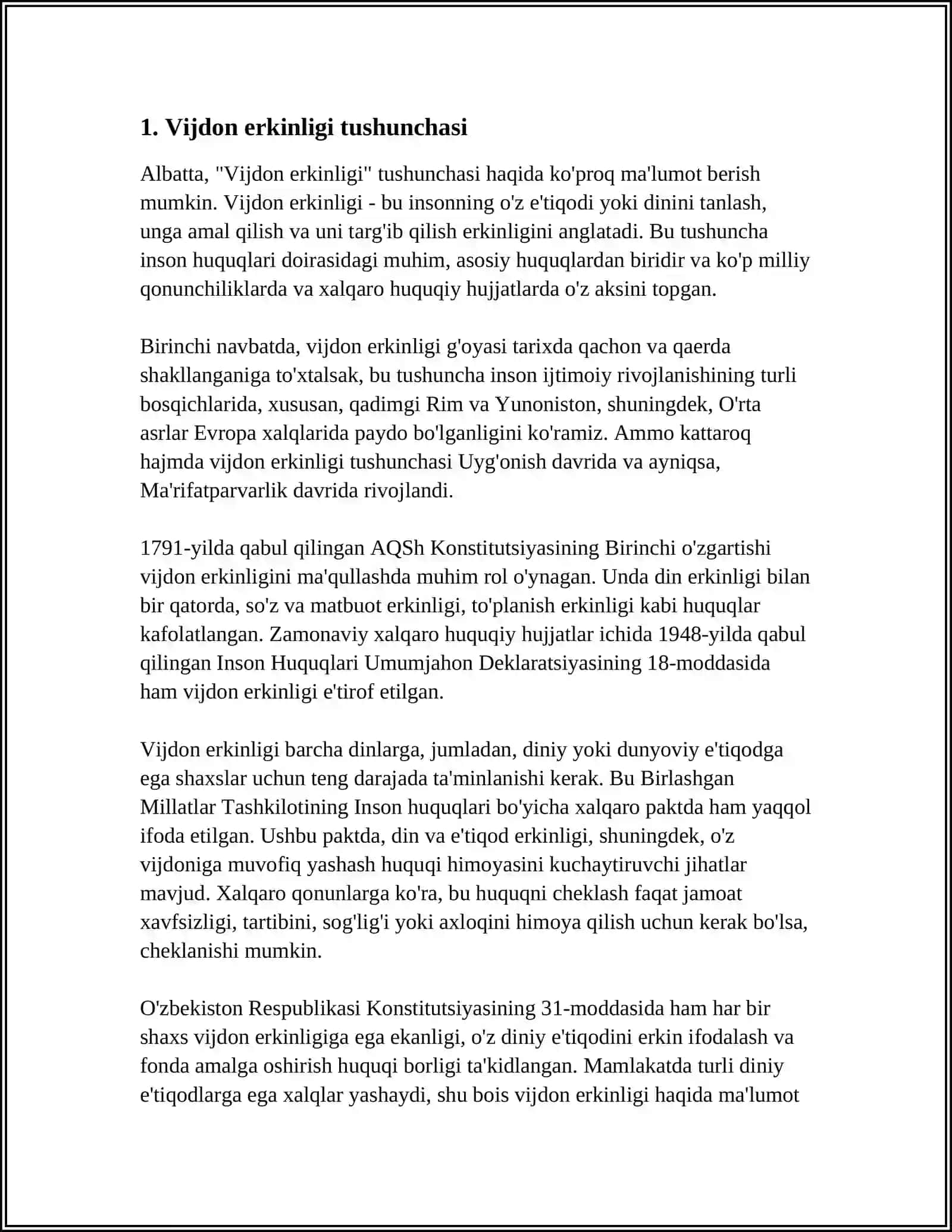 O‘ZBEKISTONDA VIJDON VA ETIQOD ERKINLIGI VA UNING TAʼMINLOVCHI BELGI VA CHORA TADBIRLAR 3