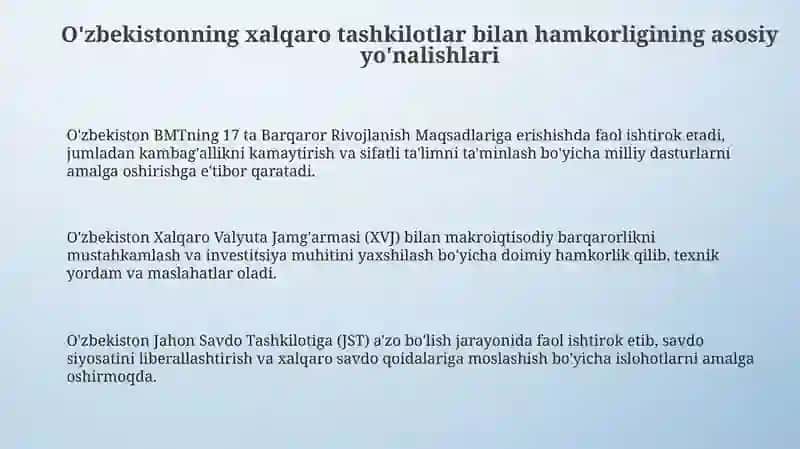 Oʻzbekistonning xalqaro tashkilotlar bilan hamkorligi 3