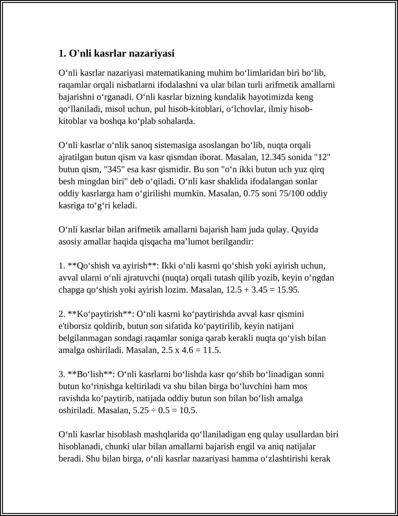 O'nli kasrlar nazariyasi 3