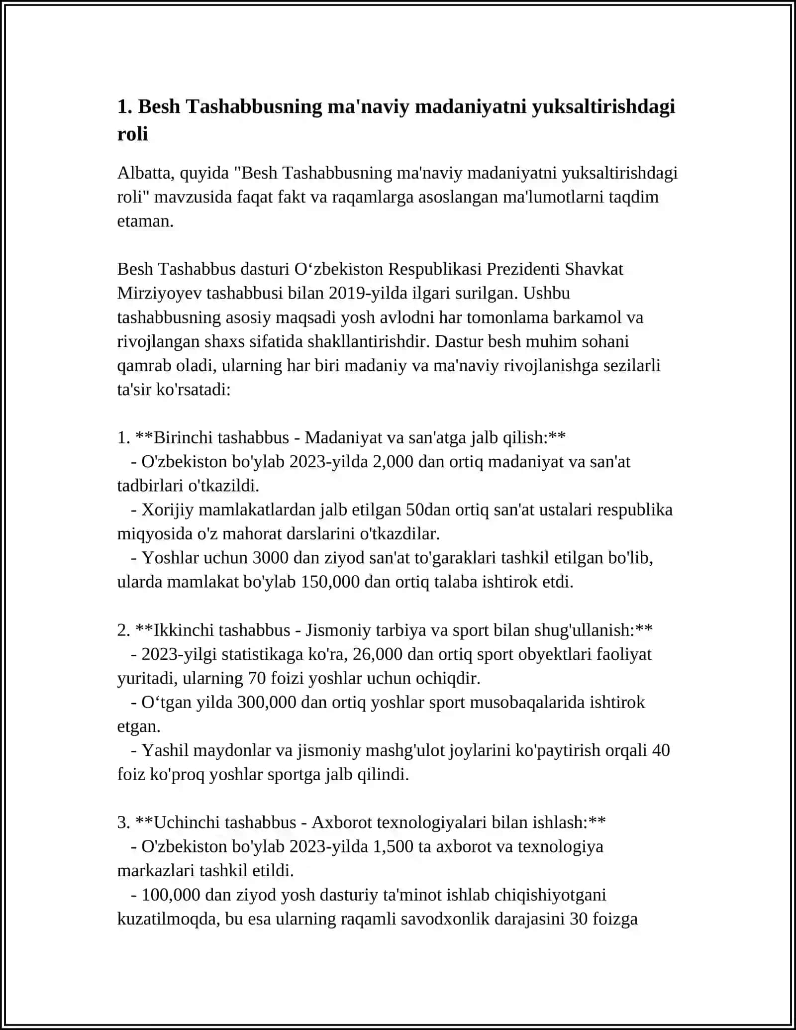 MUSTAQIL ISH Mavzu: BESH TASHABBUS UNING YUKSAK MA'NAVIY MADANIYATINI TA'MINLASHDAGI O'RNI 3