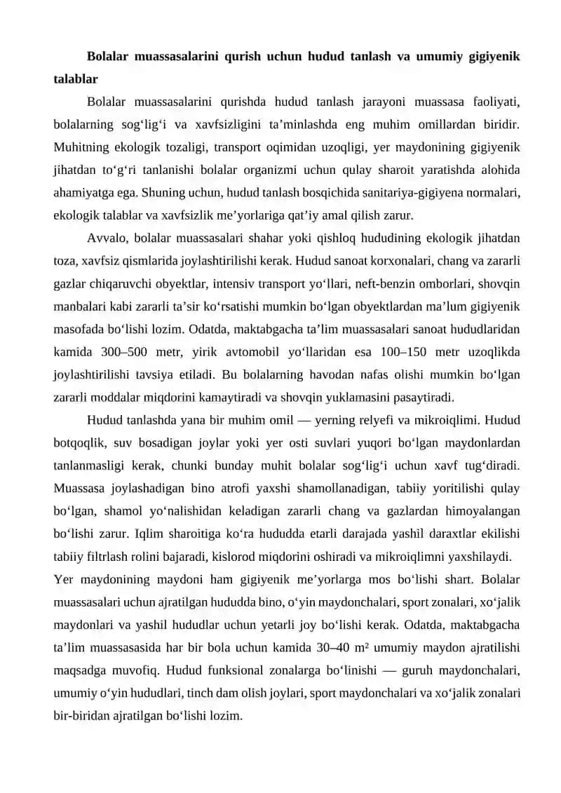 Bolalar muassasalarini loyihalashtirish, qurish va jihozlashga bo‘lgan gigiyenik talablar 3