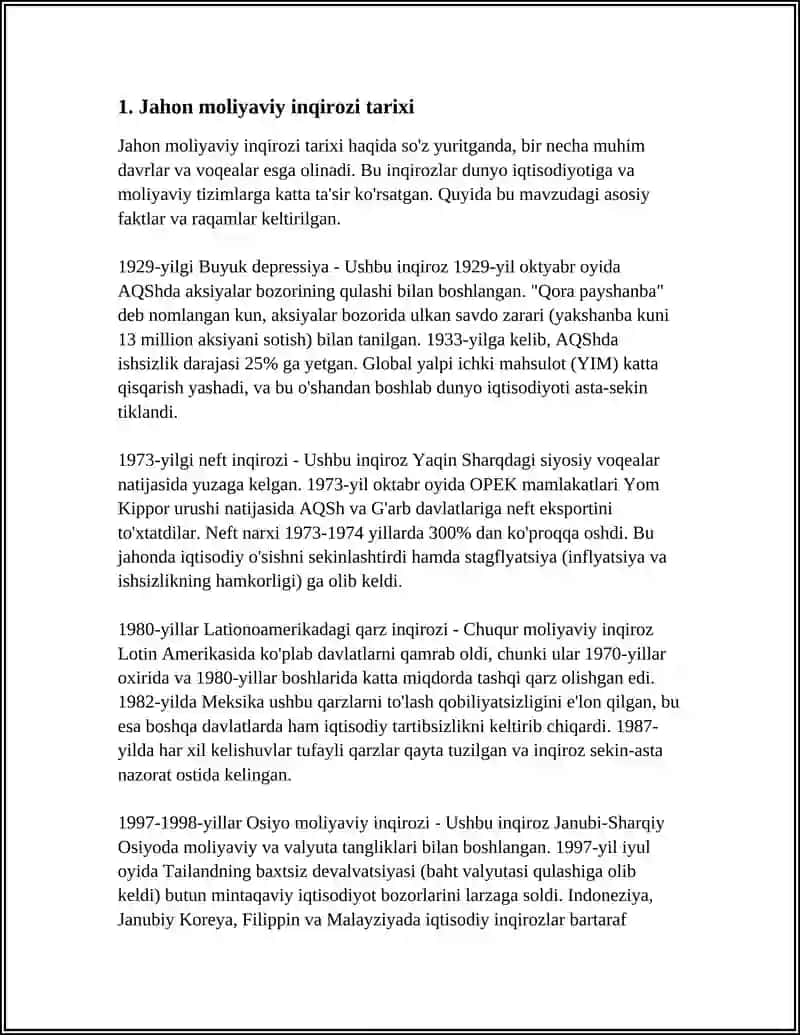 JAHON MOLIYAVIY INQIROZINING YUZAGA KELISH SABABLARI VA UNI O'ZBEKISTONDA BARTARAF ETISH YO'LLARI 3