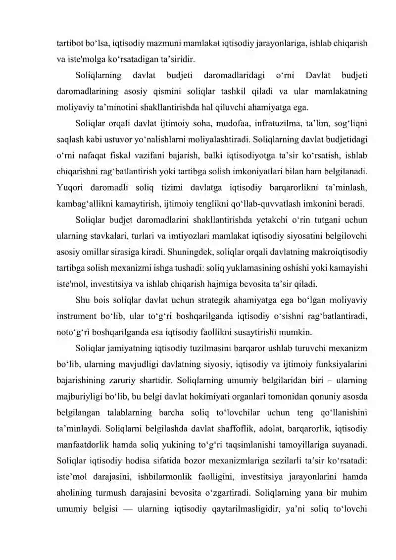 SOLIQLARNING UMUMIY BELGILARI. SOLIQLARNING DAVLAT BUDJETI DAROMADLARIDAGI O‘RNI 3