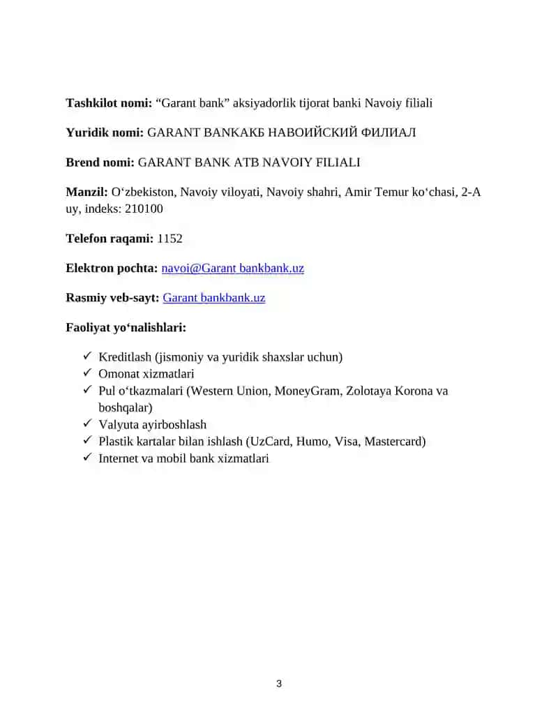 AMALIYOT HISOBOTI. GARANT BANK 3