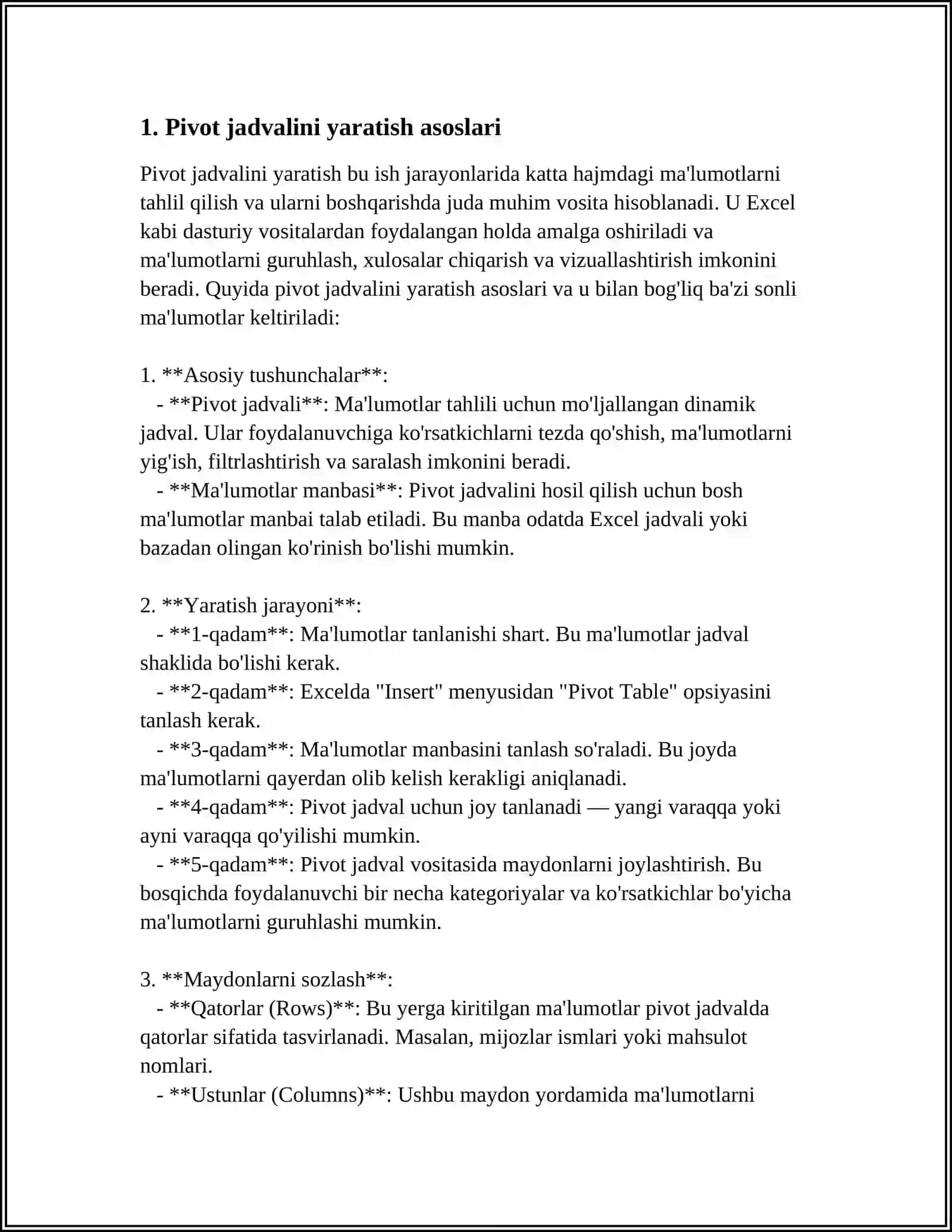 PIVOT JADVALINI YARATISH VA TAXRIRLASH 3